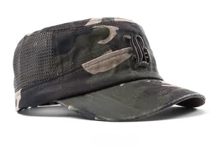 Side view of camo military cadet hat with gothic embroidery and breathable mesh panels