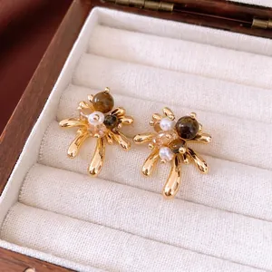 18K gold plated tiger eye stud earrings with pearls in a luxury jewelry box