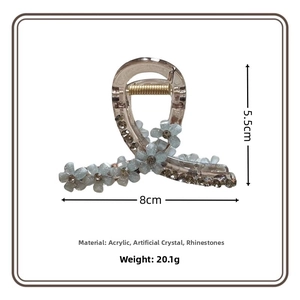 Detail view showing dimensions of floral crystal hair claw clip with brown acrylic finish