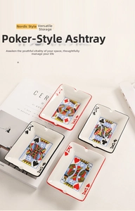 Detailed view of four ceramic poker card ashtrays featuring king suits on a white surface