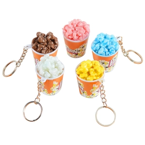 Set of creative popcorn bucket keychains in five colors with metal rings and chains