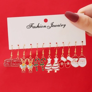 6 pairs of Christmas themed gold alloy earrings with festive elk and tree charms