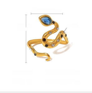 Detail view of 18K gold plated snake ring with blue zircon and crystal stones measurements