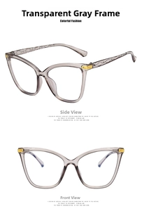Detail of transparent grey cat-eye glasses frame with textured diamond pattern temples