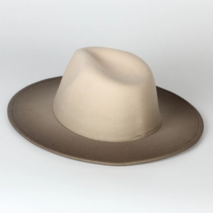 Detail shot of British style tie-dye gradient wool felt jazz hat with large flat brim