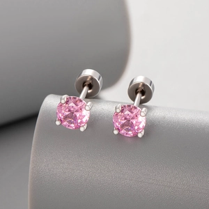 5mm pink zircon screw-back stud earrings with four-prong setting in silver finish
