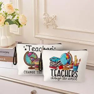 Linen makeup bag set with Teachers Change the World print and floral decor