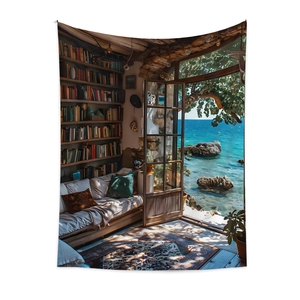 Detailed Bohemian tapestry showing a library by the sea with bookshelves and ocean view