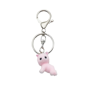 Cute pink flocked kitten keychain with silver metal lobster clasp and ring on white background