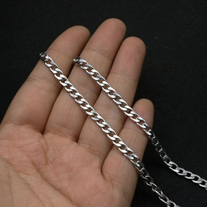 Detailed close-up of a polished silver stainless steel curb chain with flat oval links