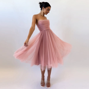 Pink mesh bustier A-line dress with sleeveless corset design for birthday party