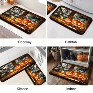 Detailed views of Halloween diatom mud mats in doorway, bathtub, kitchen, and indoor settings