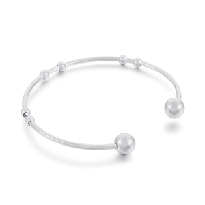 Minimalist silver stainless steel open bangle with sliding beads and spherical ends