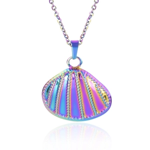 Macro detail of rainbow vacuum-plated shell pendant on polished stainless steel chain