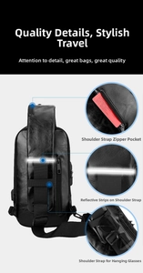 Detail view of anti-theft sling bag featuring card slot strap and reflective strip