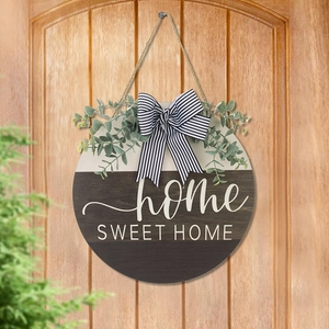 Home Sweet Home wooden door wreath with striped bow and eucalyptus greenery decoration