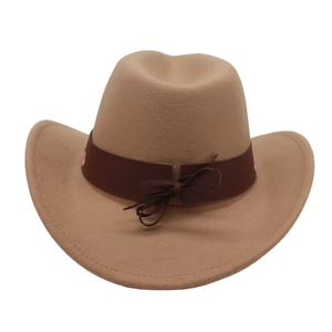 Detail of tan western cowboy felt hat with floral embroidery and dark decorative band