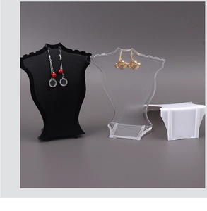 Three-color necklace display stands in black, white, and clear acrylic for jewelry storage