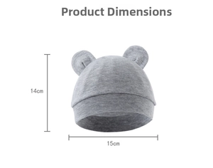 Detail of grey baby bear hat showing 15cm width and 14cm height measurements