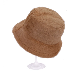 Minimalist solid color plush cashmere bucket hat in camel brown for winter warmth