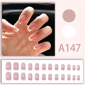 Sweet pink French style press-on nails A147 with square head and white tips 24pcs