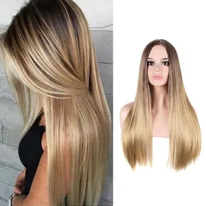 Lange glatte Ombre Perücke mit dunkelbraunem Ansatz und blonden Spitzen für Damen
