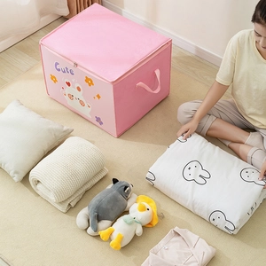 Close-up of pink cute rabbit storage bag showing zipper lid and durable side handles