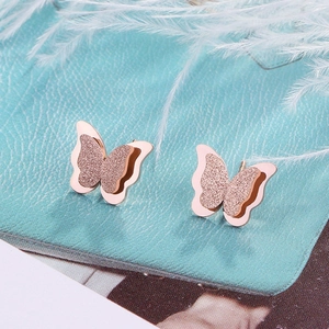 Elegant 18k rose gold plated stainless steel butterfly earrings with frosted glitter finish