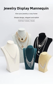 Detailed view of necklace display busts in leather, velvet, and burlap textures