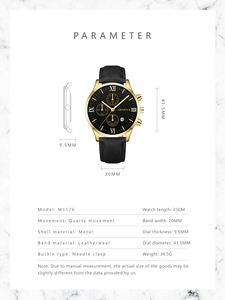 Detailed specs for quartz watch M1176 with 41.5mm dial and black leather strap