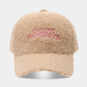 Teddy-Fleece-Baseballkappe mit rosa GOD'S FAVORITE Stickerei in Beige und Kamel