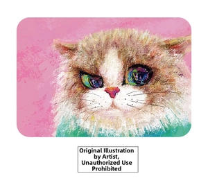Detailed view of artistic colorful cat illustration on a canvas bucket bag accessory