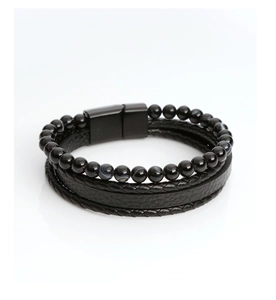 Detail of multi-layer black agate bead bracelet with braided leather and magnetic clasp