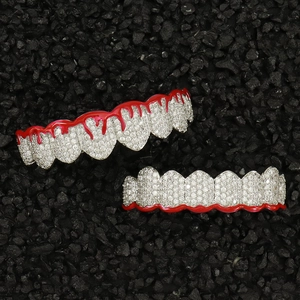 Hip hop grillz set with silver base, white zircons and red dripping blood enamel detail