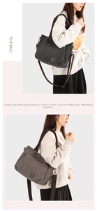 Close-up of minimalist canvas tote bags in grey and brown with adjustable straps