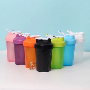 Selection of colorful fitness shaker bottles with blending balls for protein shakes