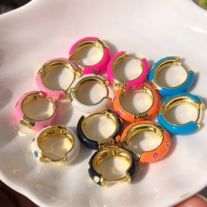 Copper Hoop Earrings Colorful Enamel Small Flower Pattern Huggie Style Sweet Floral Jewelry For Women