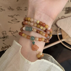 Multi-layer lily of the valley crystal bead bracelet with jade pendants in Chinese style