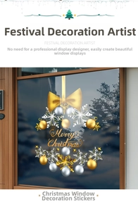 Detailed view of Merry Christmas window decal with gold bows and hanging ball ornaments