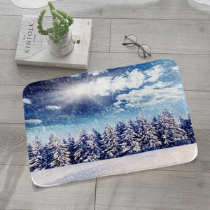 Close-up of winter snow scene flannel mat with high-definition Nordic style and rounded corners