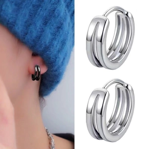 Triple Layer Overlapping Hoop Earring Copper With Silver Earring Post Geometric Hollow Minimalist Jewelry For Men Unisex