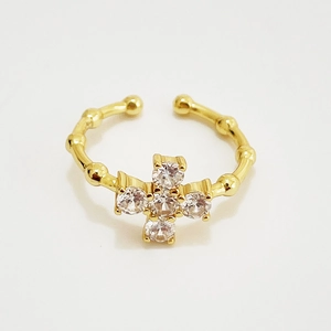 Adjustable 925 silver gold cross ring with cubic zirconia and bamboo textured band