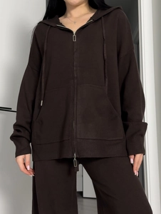 Women brown knit tracksuit featuring a zip hoodie and high waist straight-leg trousers