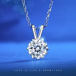 Macro detail of snowflake star Moissanite pendant on S925 sterling silver chain