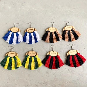 Rugby American Football Tassel Earrings Wood Cotton Thread Fringe Sporty Bohemian Jewelry For Women