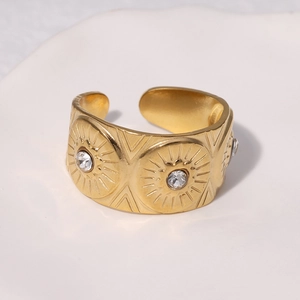 Bague réglable en acier inoxydable plaqué or 18k avec motif soleil et zircon incrusté