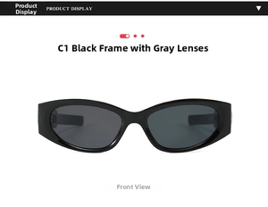 Front view of Y2K oval sunglasses with black frame and grey lenses in retro style