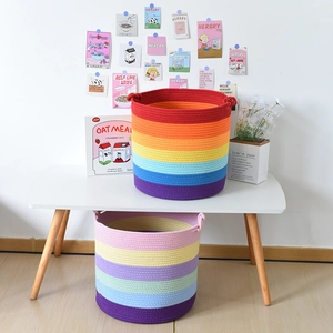 Rainbow woven cotton rope storage baskets with handles for toys and laundry organization