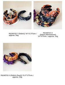 Detail of handmade knotted Halloween headbands with pumpkin and spider web motifs