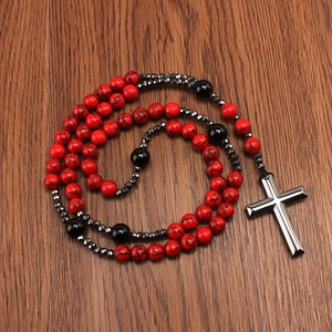 Handmade 8mm red turquoise and black agate rosary necklace with cross pendant on wood